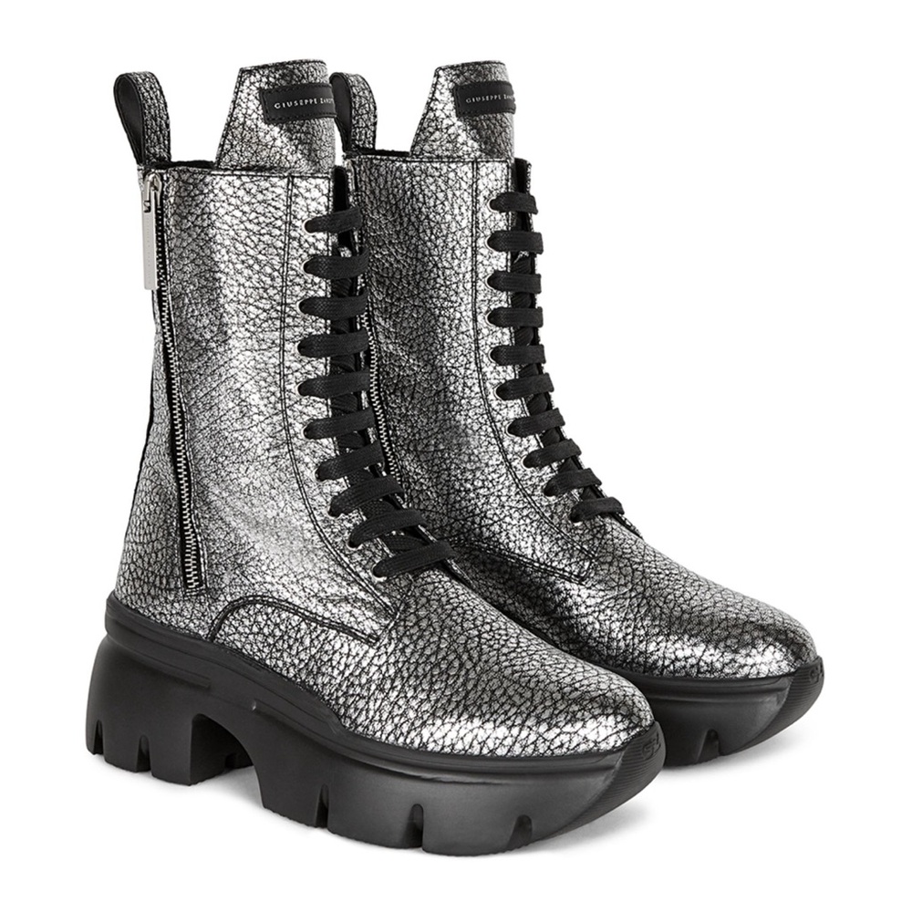 Giuseppe Zanotti Silver Combat Boots with Chunky Sole and Lacing